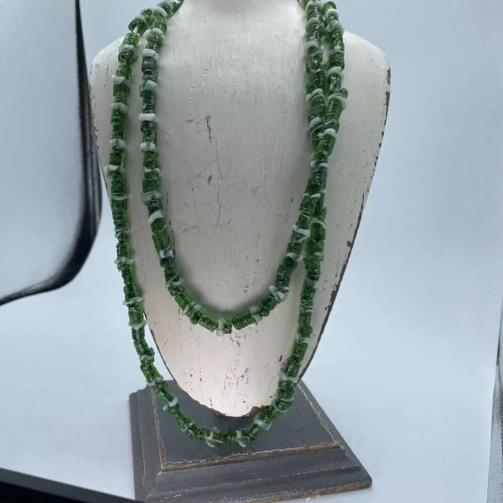 Vintage Bottle green white barrel glass beaded 48” necklace.